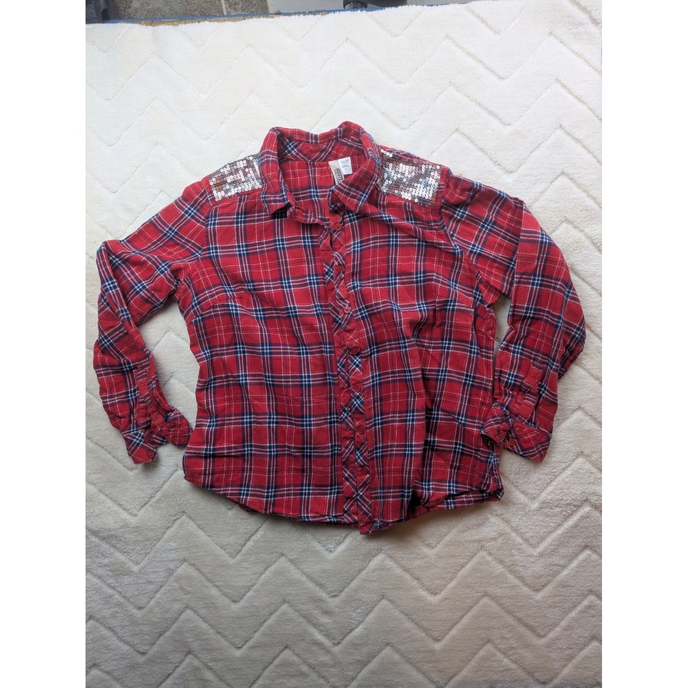 Route 66 Red Plaid Sequin Shoulder Button Down Shirt Womens XL Long Sleeve